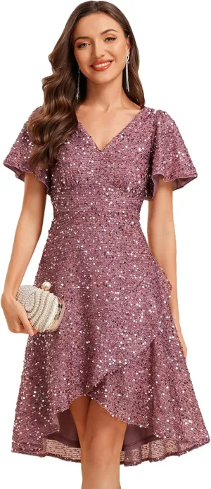 Ever-Pretty Women's V-Neck Short Sleeves Sequin High-Low Asymmetrical Hem Evening Dresses 02401