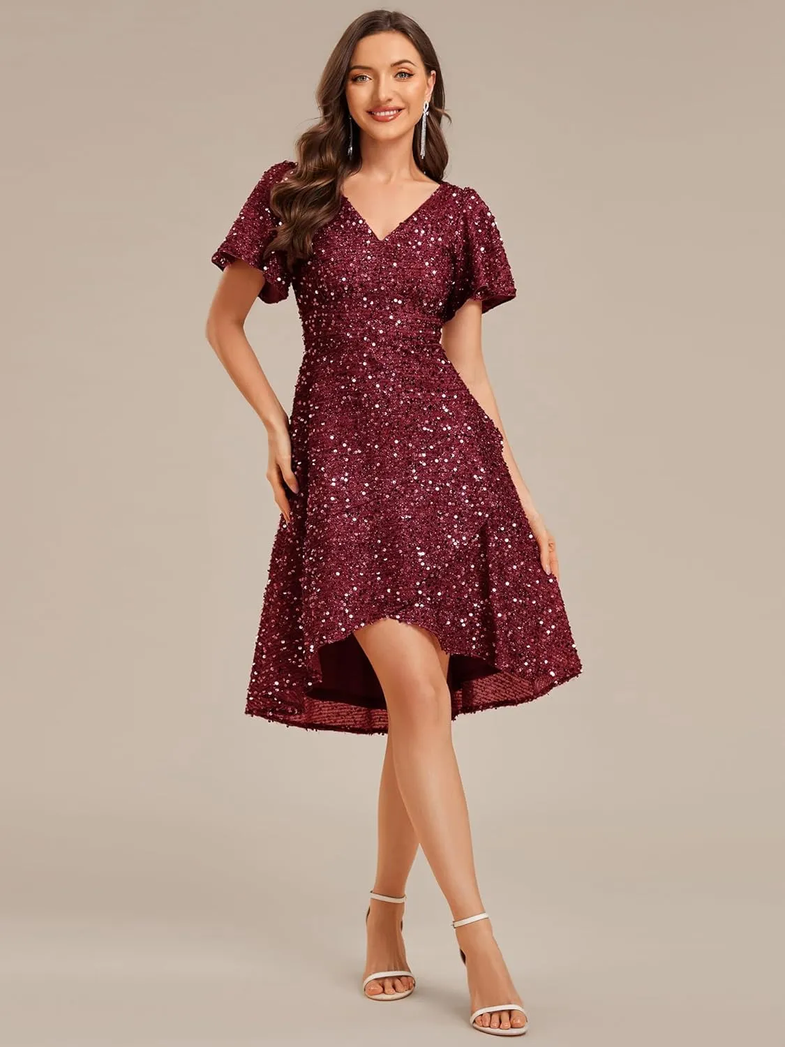 Ever-Pretty Women's V-Neck Short Sleeves Sequin High-Low Asymmetrical Hem Evening Dresses 02401