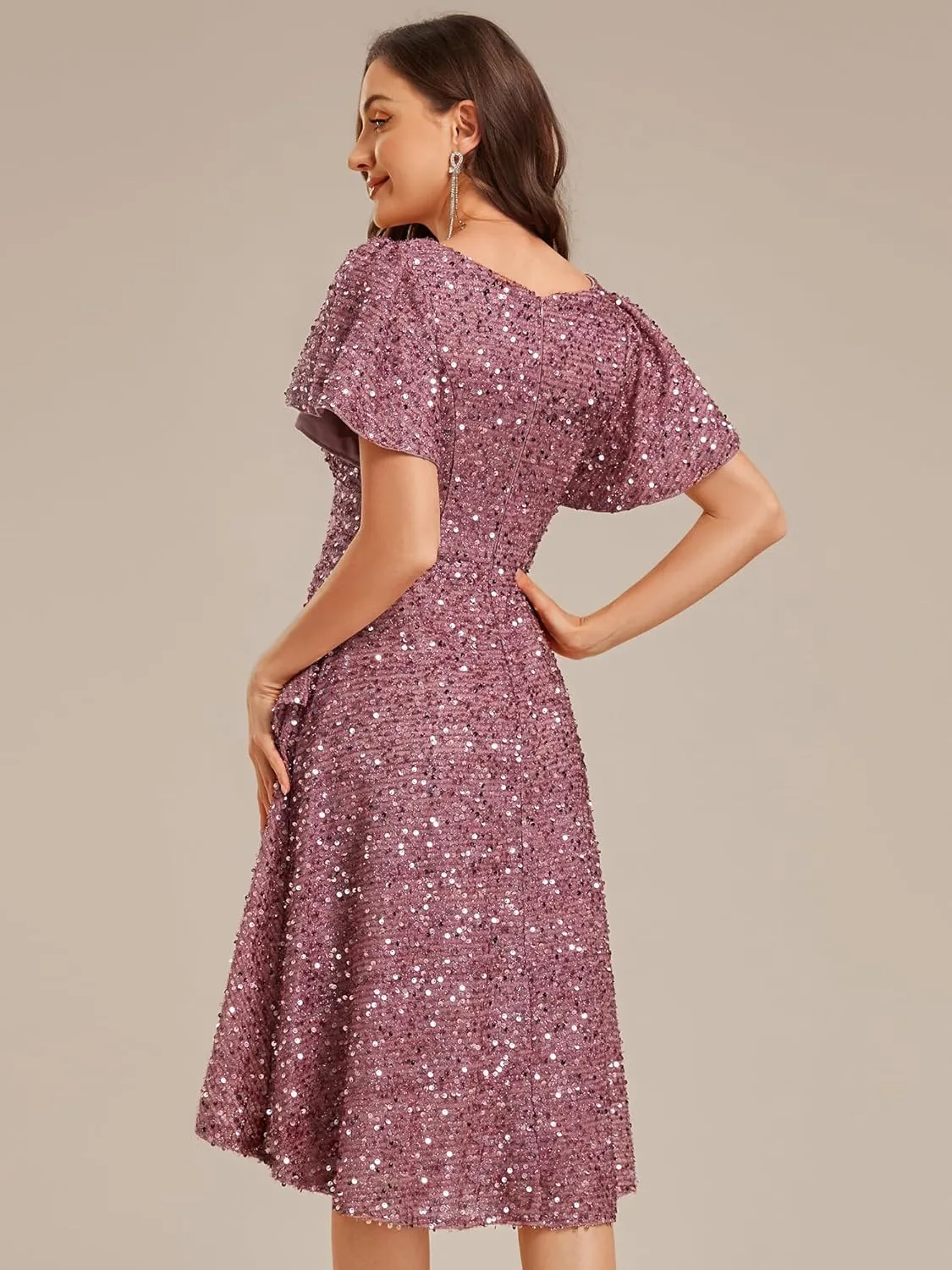 Ever-Pretty Women's V-Neck Short Sleeves Sequin High-Low Asymmetrical Hem Evening Dresses 02401