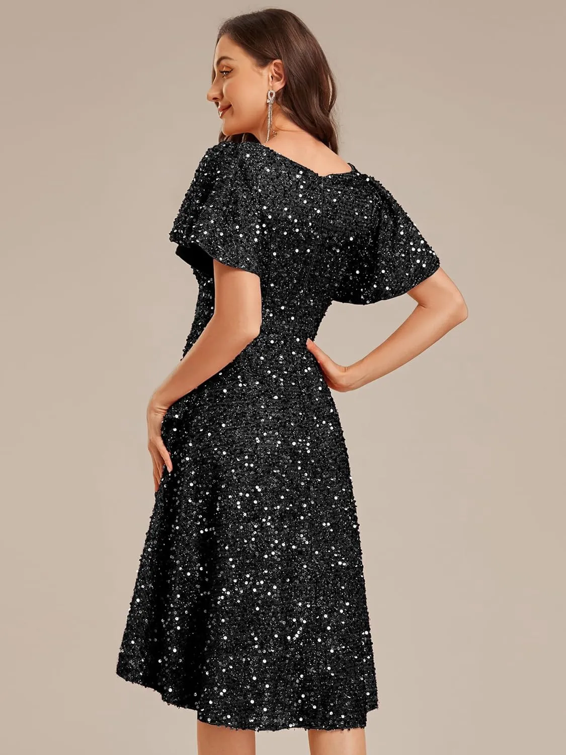 Ever-Pretty Women's V-Neck Short Sleeves Sequin High-Low Asymmetrical Hem Evening Dresses 02401
