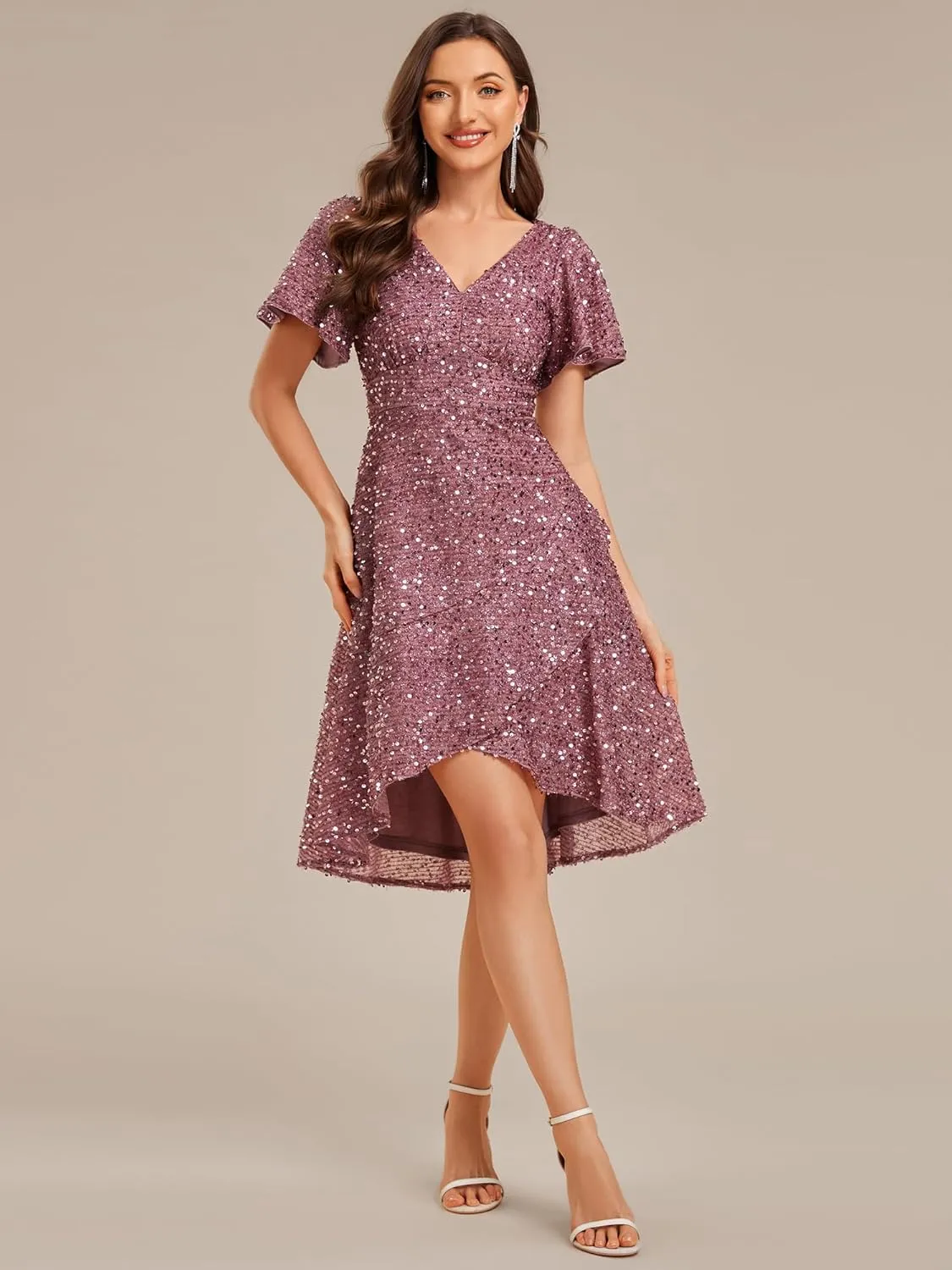 Ever-Pretty Women's V-Neck Short Sleeves Sequin High-Low Asymmetrical Hem Evening Dresses 02401