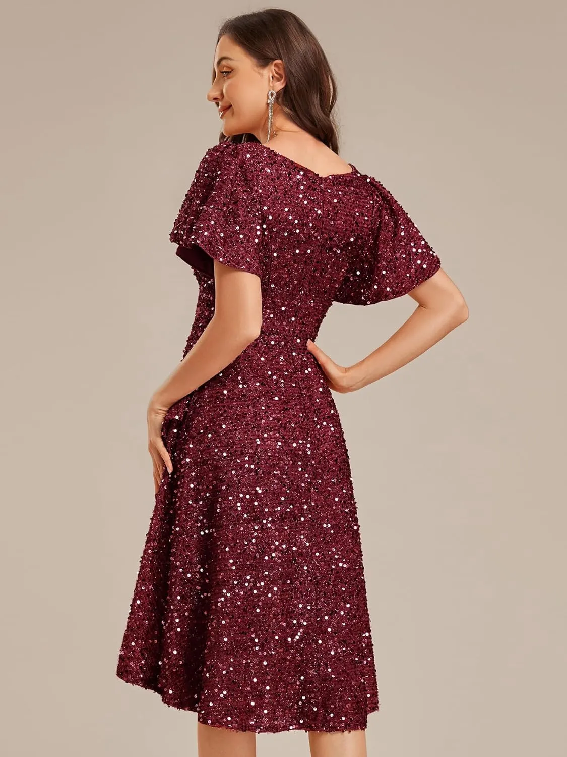 Ever-Pretty Women's V-Neck Short Sleeves Sequin High-Low Asymmetrical Hem Evening Dresses 02401