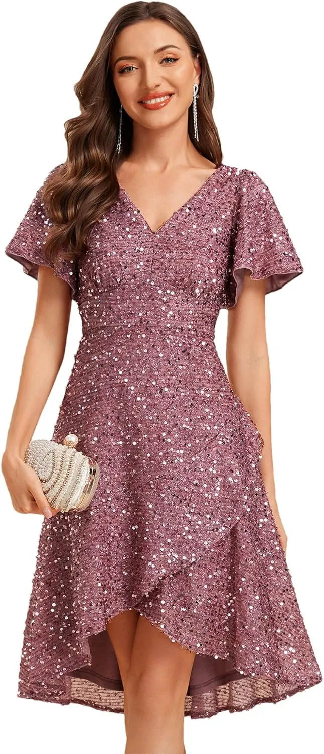 Ever-Pretty Women's V-Neck Short Sleeves Sequin High-Low Asymmetrical Hem Evening Dresses 02401