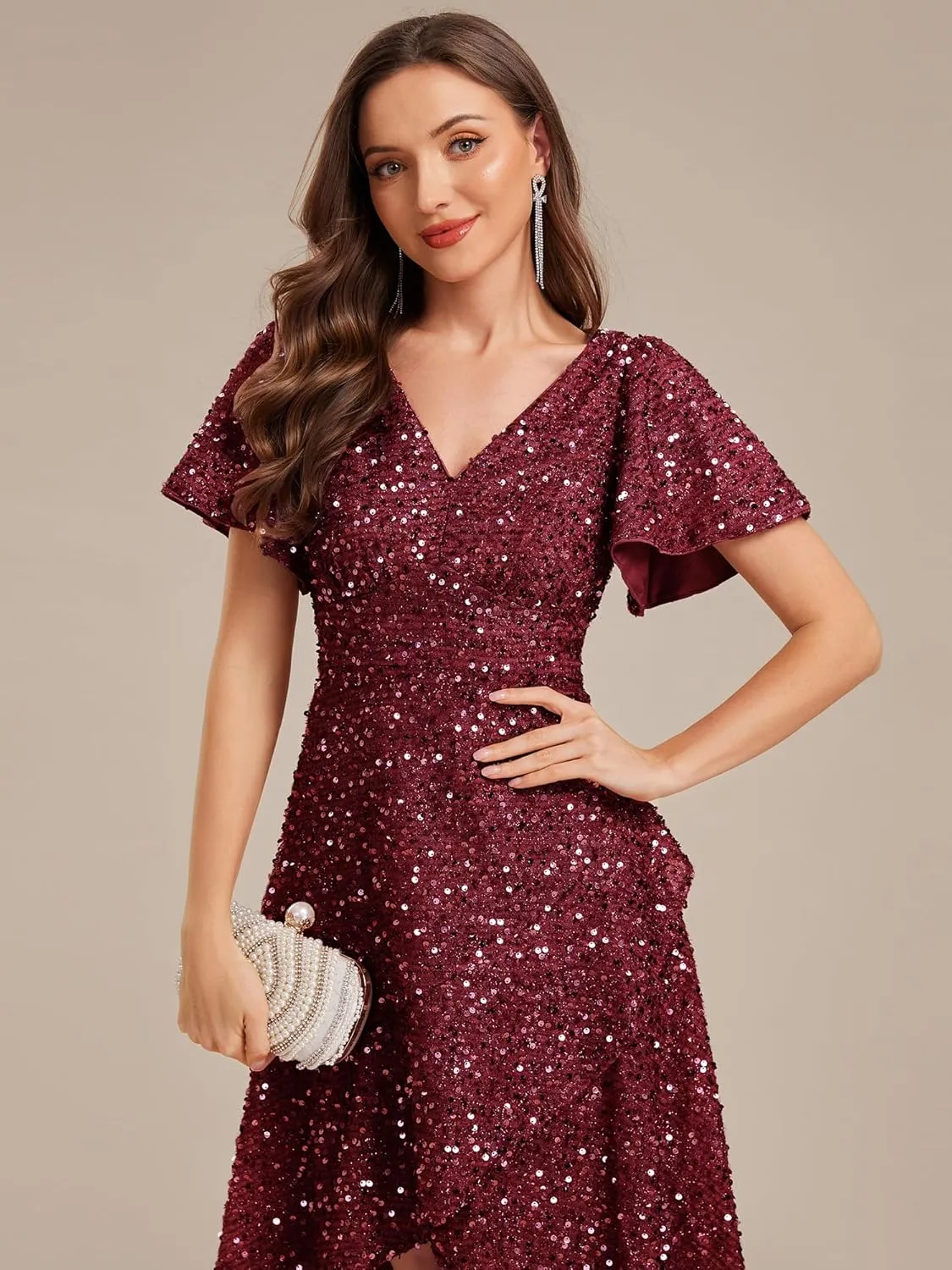 Ever-Pretty Women's V-Neck Short Sleeves Sequin High-Low Asymmetrical Hem Evening Dresses 02401