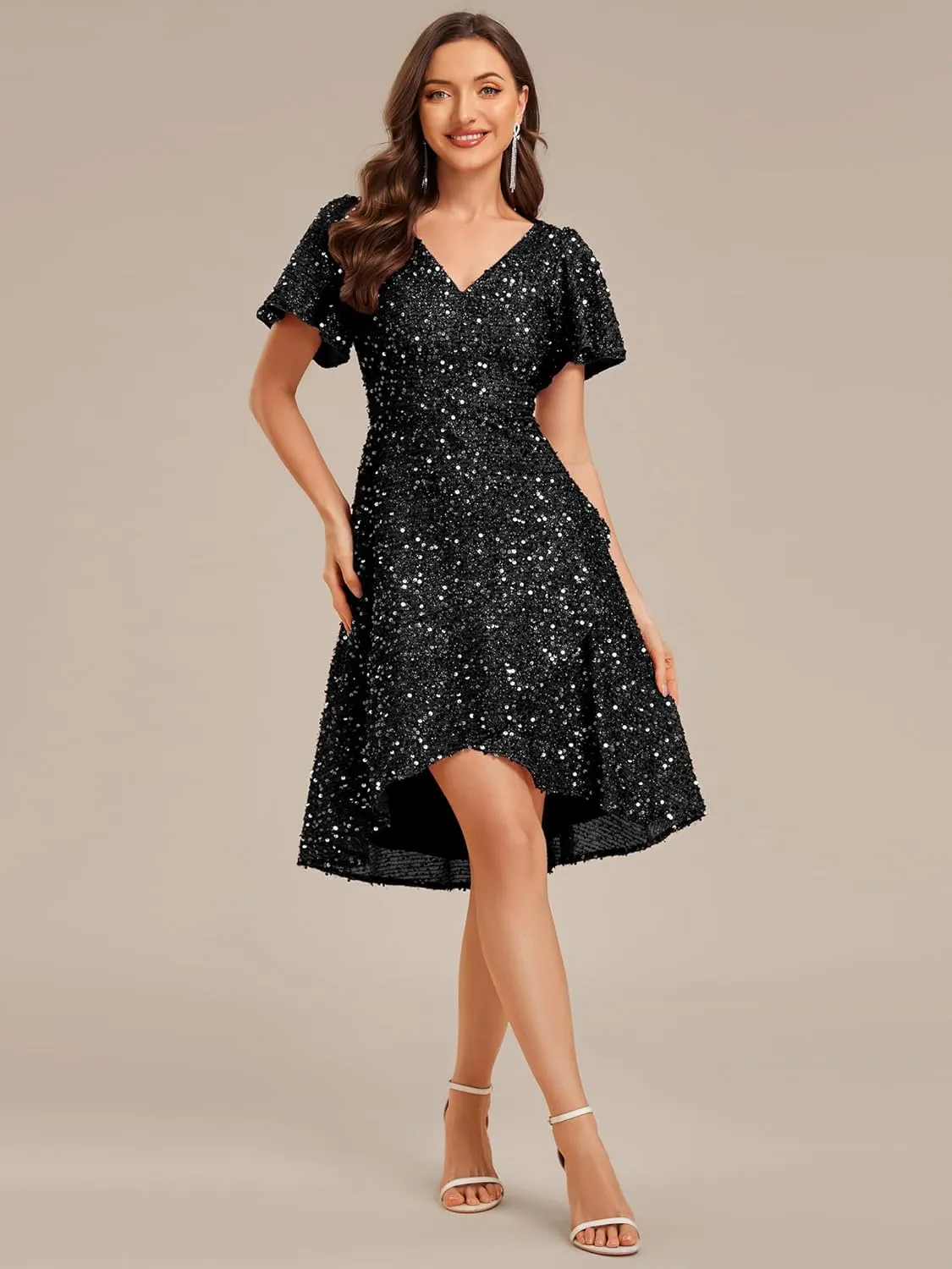 Ever-Pretty Women's V-Neck Short Sleeves Sequin High-Low Asymmetrical Hem Evening Dresses 02401