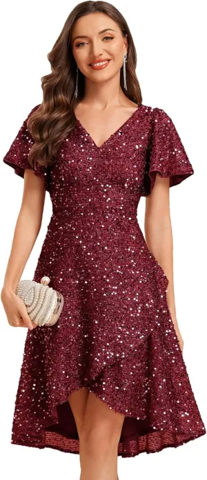 Ever-Pretty Women's V-Neck Short Sleeves Sequin High-Low Asymmetrical Hem Evening Dresses 02401