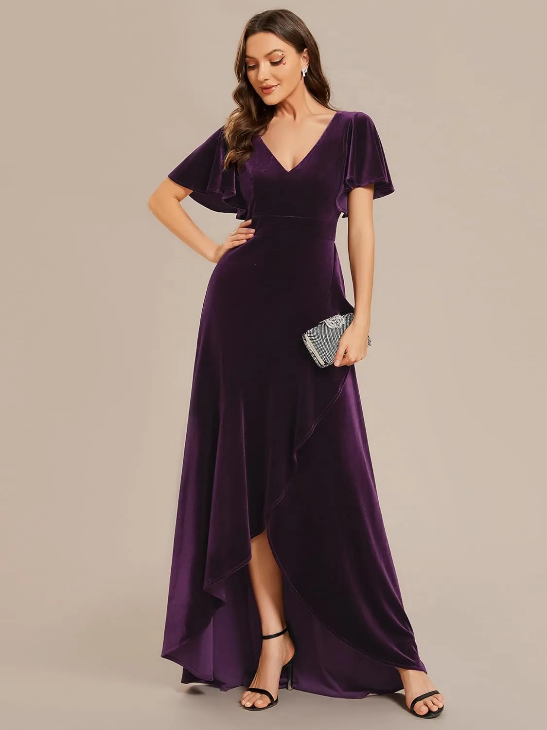Ever-Pretty Women's Velvet Ruffle Sleeve V-Neck Wrap Waist Maxi Dress High Low Wedding Guest Dresses 02041