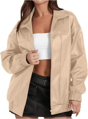 Faux Leather Jackets For Women Trendy Casual Long Sleeve Motorcycle Jackets Oversized Lapel Suede Bomber Jackets