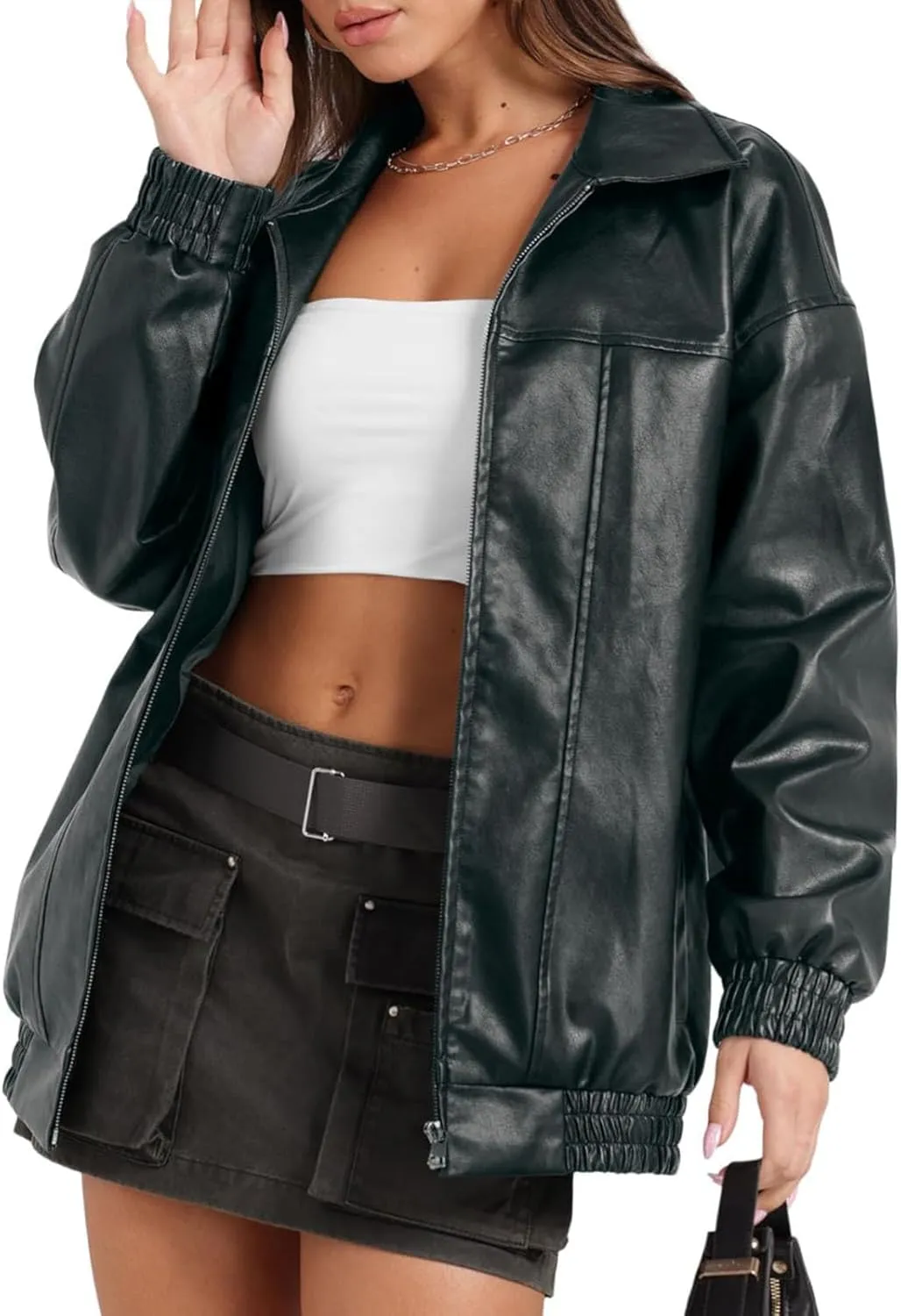 Faux Leather Jackets For Women Trendy Casual Long Sleeve Motorcycle Jackets Oversized Lapel Suede Bomber Jackets
