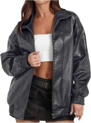 Faux Leather Jackets For Women Trendy Casual Long Sleeve Motorcycle Jackets Oversized Lapel Suede Bomber Jackets