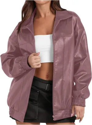 Faux Leather Jackets For Women Trendy Casual Long Sleeve Motorcycle Jackets Oversized Lapel Suede Bomber Jackets