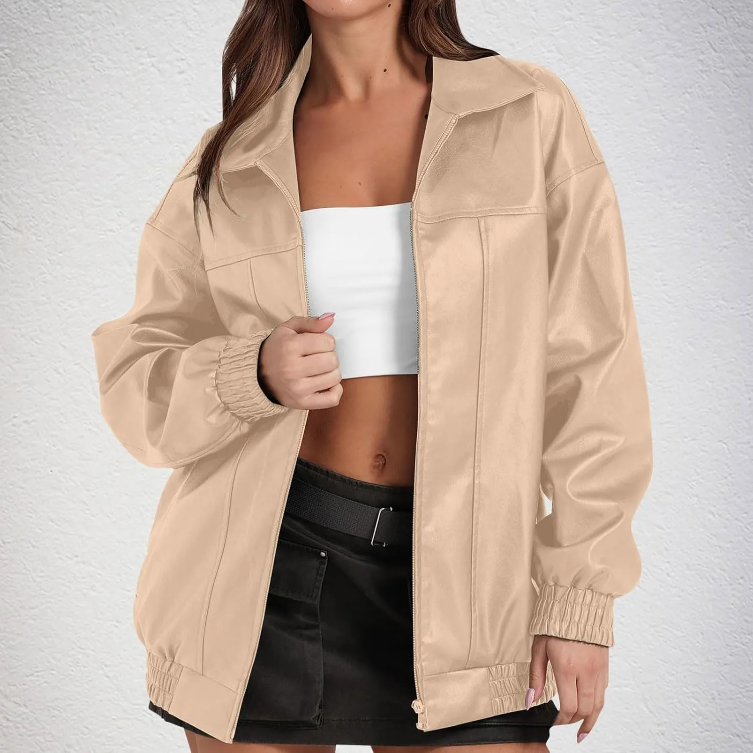 Faux Leather Jackets For Women Trendy Casual Long Sleeve Motorcycle Jackets Oversized Lapel Suede Bomber Jackets