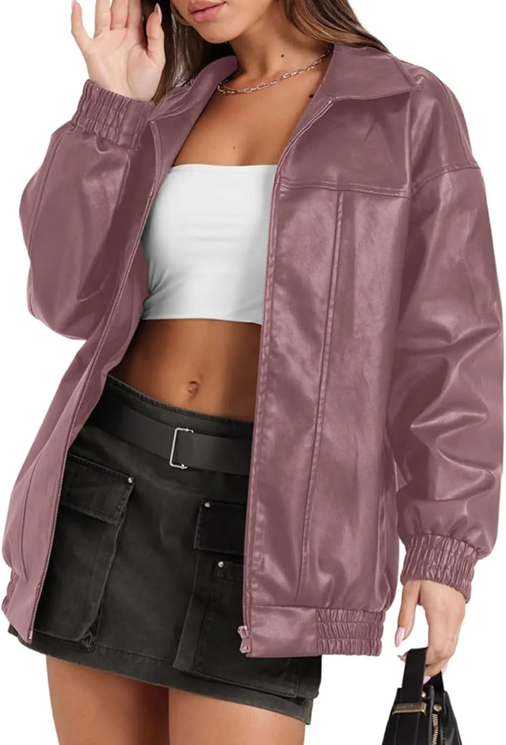 Faux Leather Jackets For Women Trendy Casual Long Sleeve Motorcycle Jackets Oversized Lapel Suede Bomber Jackets