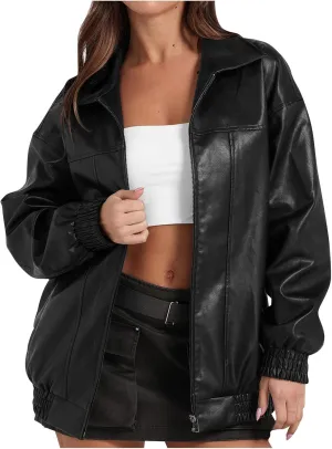 Faux Leather Jackets For Women Trendy Casual Long Sleeve Motorcycle Jackets Oversized Lapel Suede Bomber Jackets