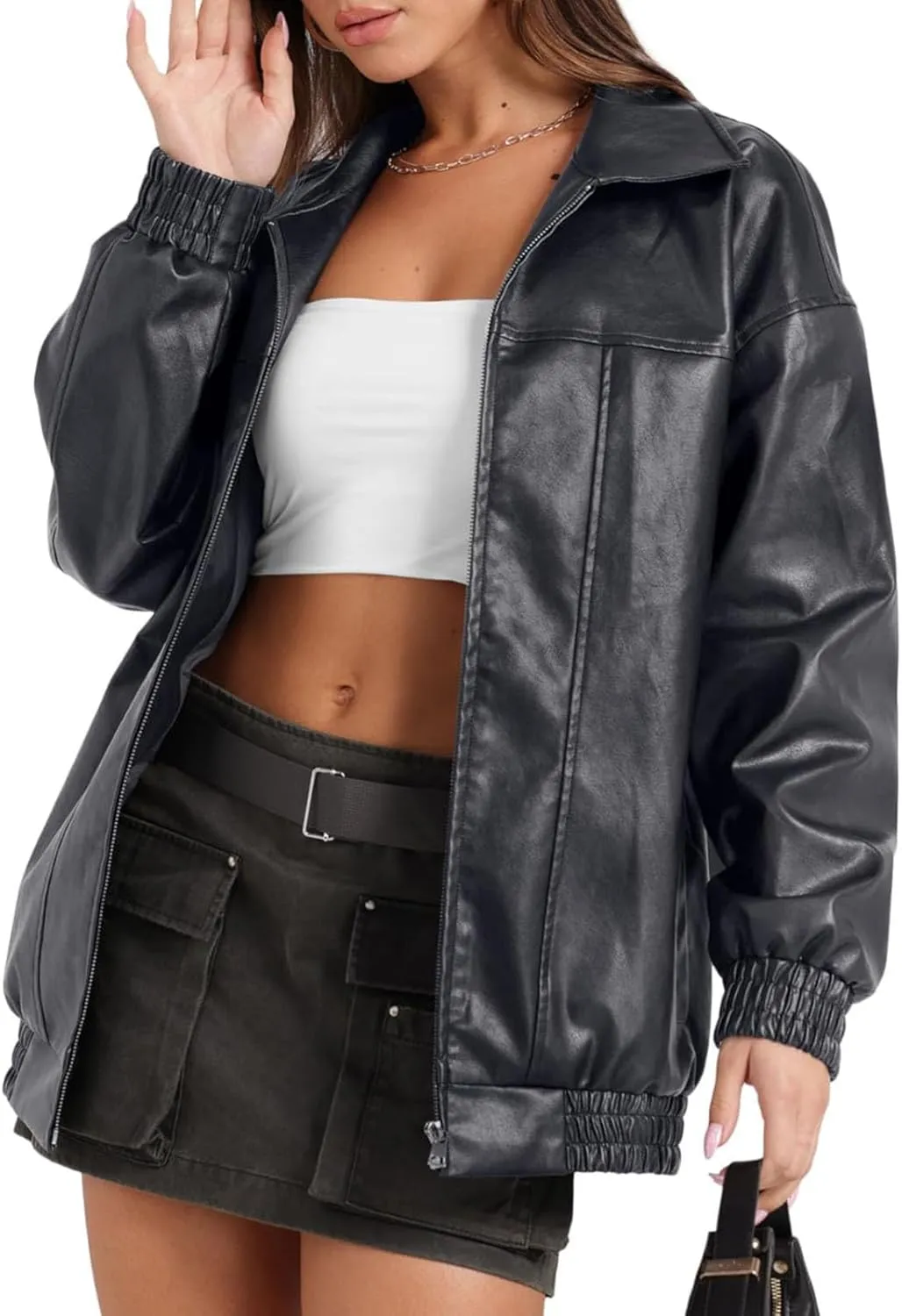 Faux Leather Jackets For Women Trendy Casual Long Sleeve Motorcycle Jackets Oversized Lapel Suede Bomber Jackets