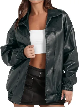 Faux Leather Jackets For Women Trendy Casual Long Sleeve Motorcycle Jackets Oversized Lapel Suede Bomber Jackets