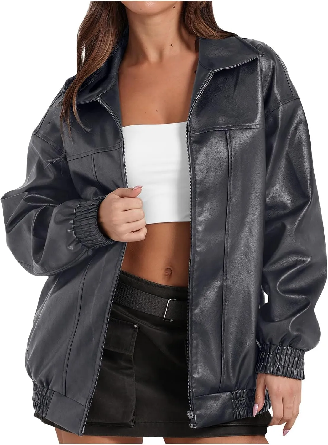 Faux Leather Jackets For Women Trendy Casual Long Sleeve Motorcycle Jackets Oversized Lapel Suede Bomber Jackets