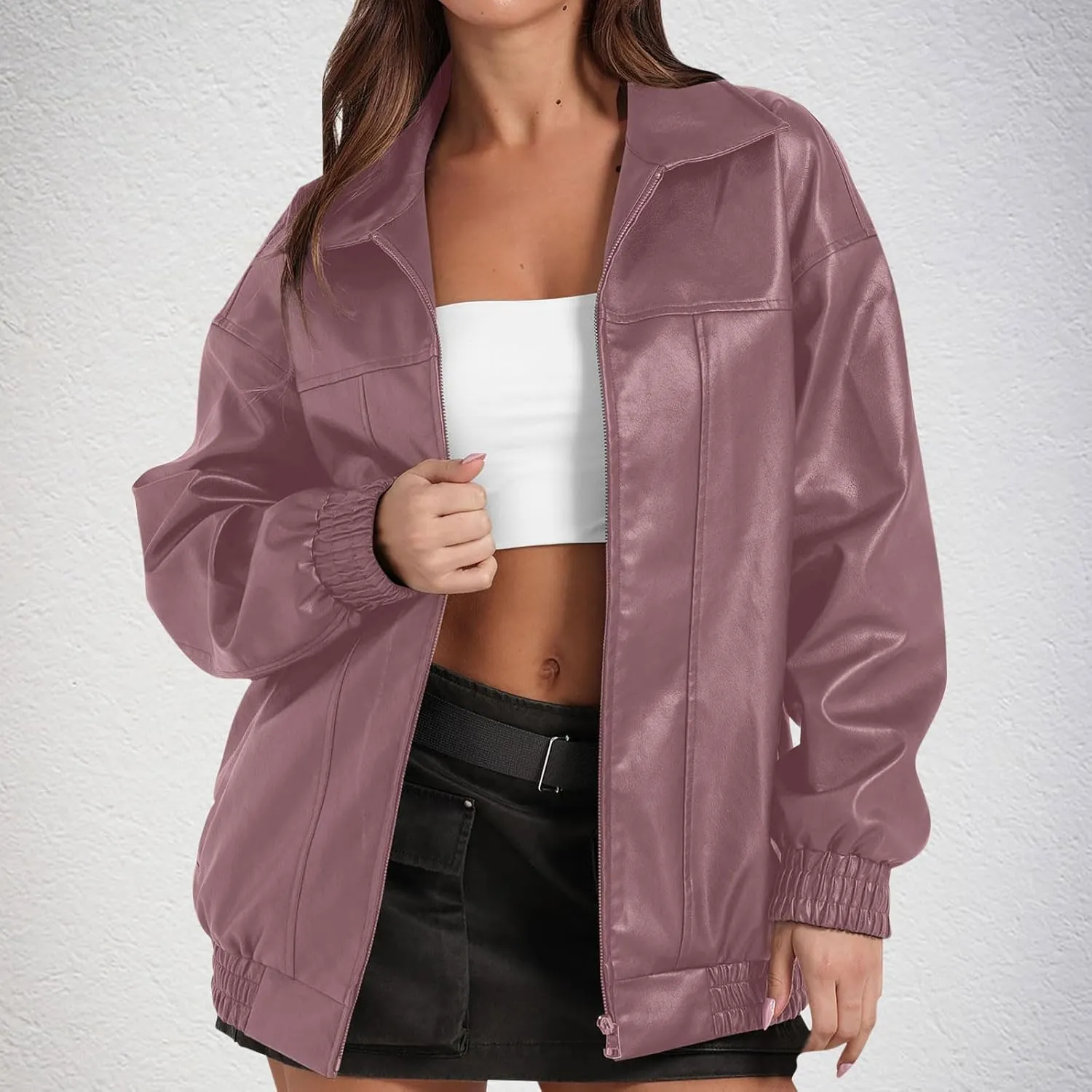 Faux Leather Jackets For Women Trendy Casual Long Sleeve Motorcycle Jackets Oversized Lapel Suede Bomber Jackets