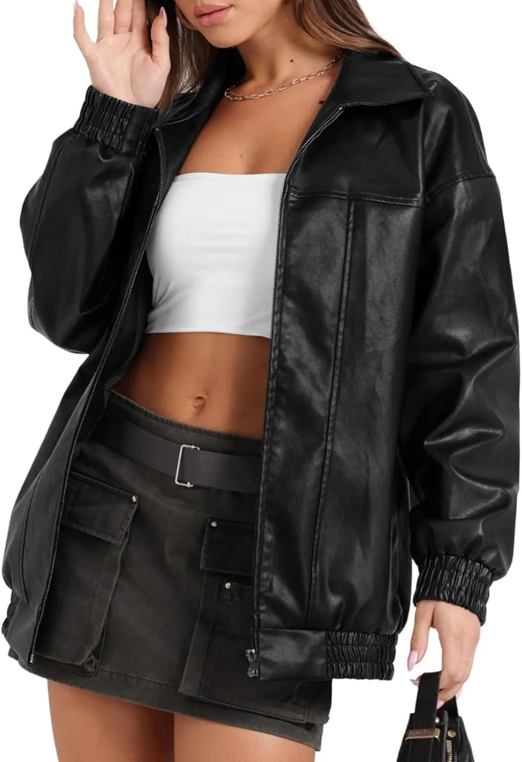 Faux Leather Jackets For Women Trendy Casual Long Sleeve Motorcycle Jackets Oversized Lapel Suede Bomber Jackets