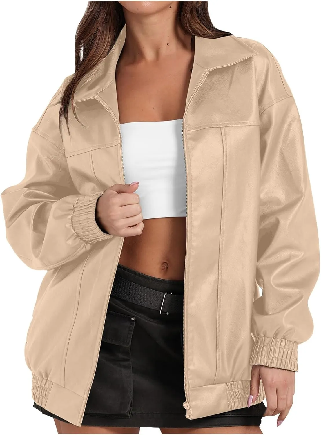 Faux Leather Jackets For Women Trendy Casual Long Sleeve Motorcycle Jackets Oversized Lapel Suede Bomber Jackets