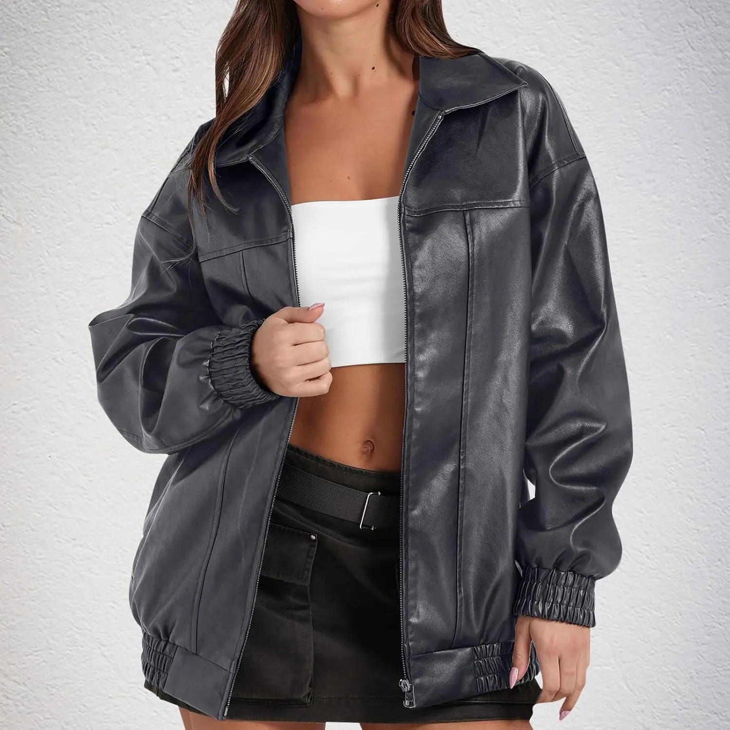 Faux Leather Jackets For Women Trendy Casual Long Sleeve Motorcycle Jackets Oversized Lapel Suede Bomber Jackets
