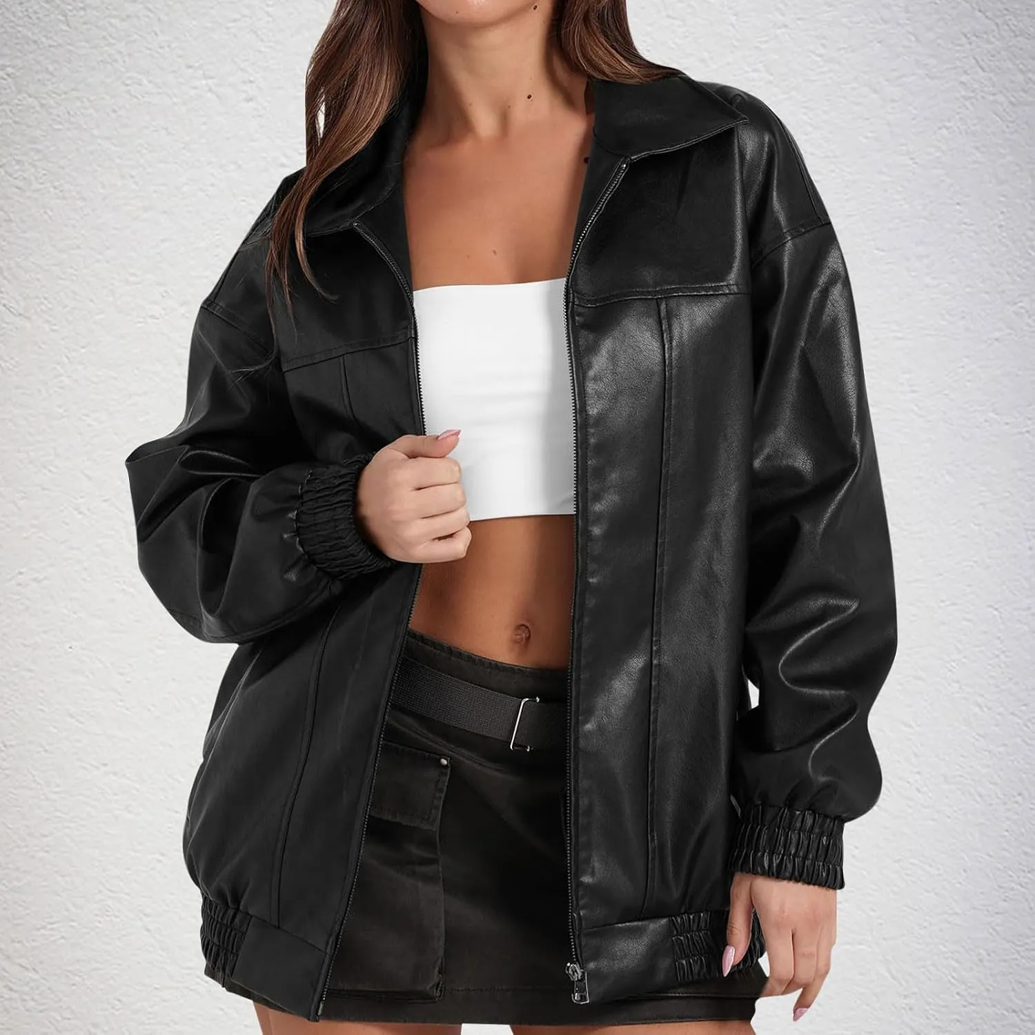 Faux Leather Jackets For Women Trendy Casual Long Sleeve Motorcycle Jackets Oversized Lapel Suede Bomber Jackets