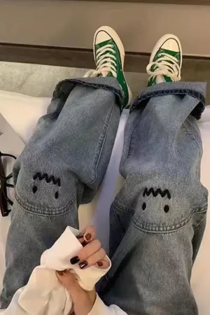 Flytonn-cute winter outfits casual winter outfits christmas outfit party look inspos Cute Monster Emoji Embroidered Jeans Pants