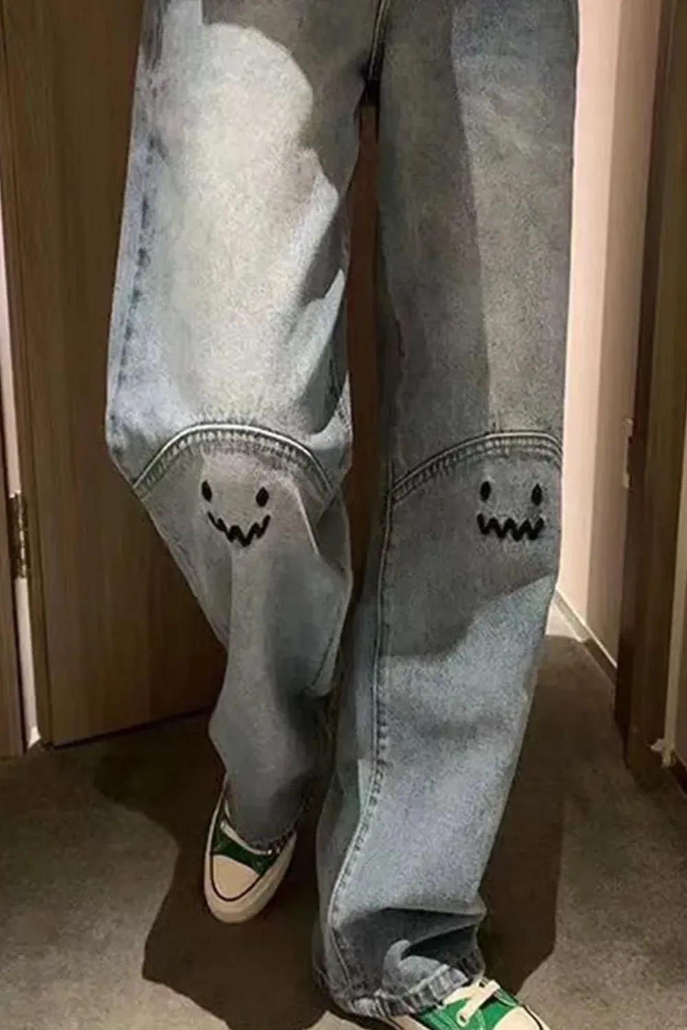 Flytonn-cute winter outfits casual winter outfits christmas outfit party look inspos Cute Monster Emoji Embroidered Jeans Pants