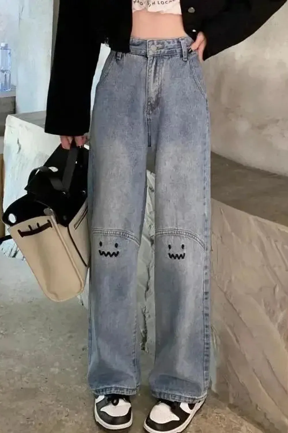 Flytonn-cute winter outfits casual winter outfits christmas outfit party look inspos Cute Monster Emoji Embroidered Jeans Pants