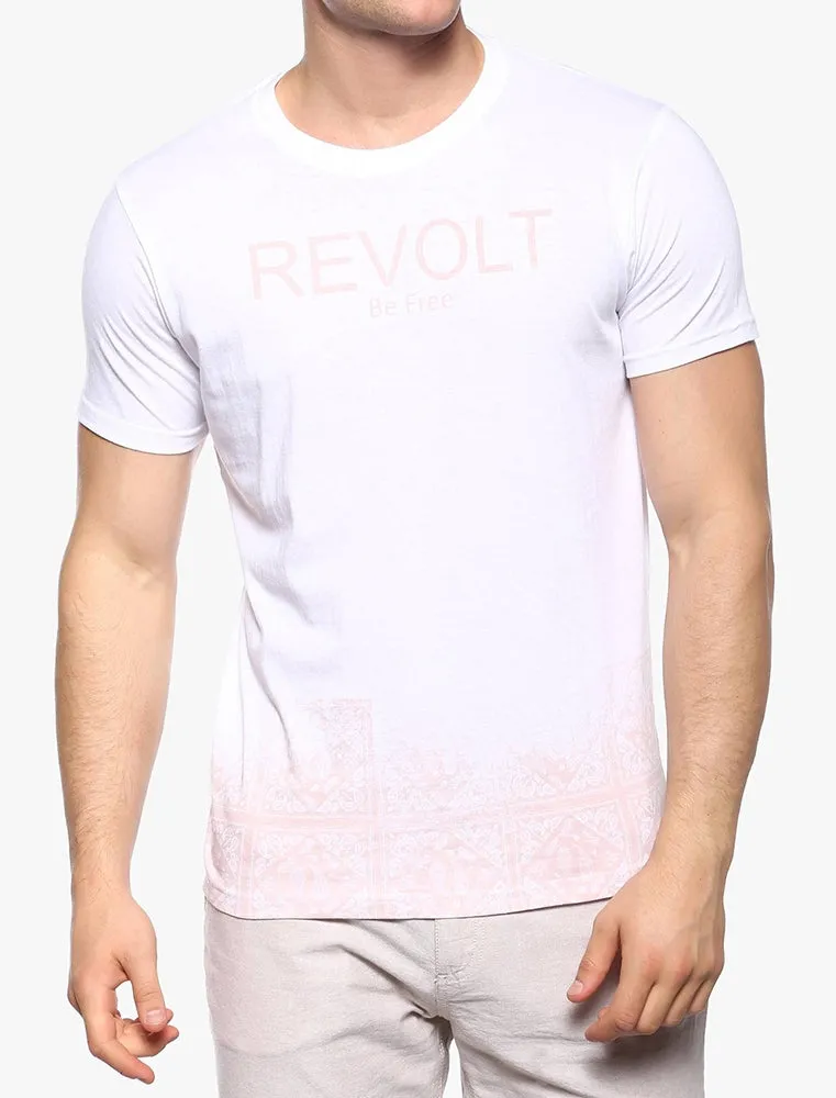 Frontier Motif Crew Neck T-Shirt in White & Pink