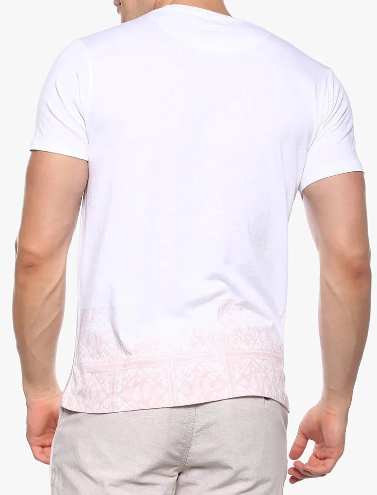 Frontier Motif Crew Neck T-Shirt in White & Pink