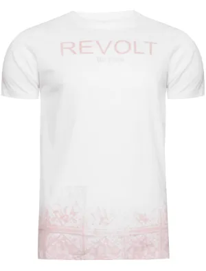 Frontier Motif Crew Neck T-Shirt in White & Pink