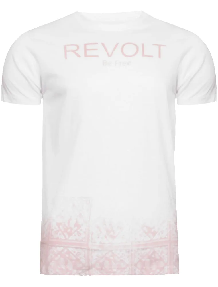 Frontier Motif Crew Neck T-Shirt in White & Pink