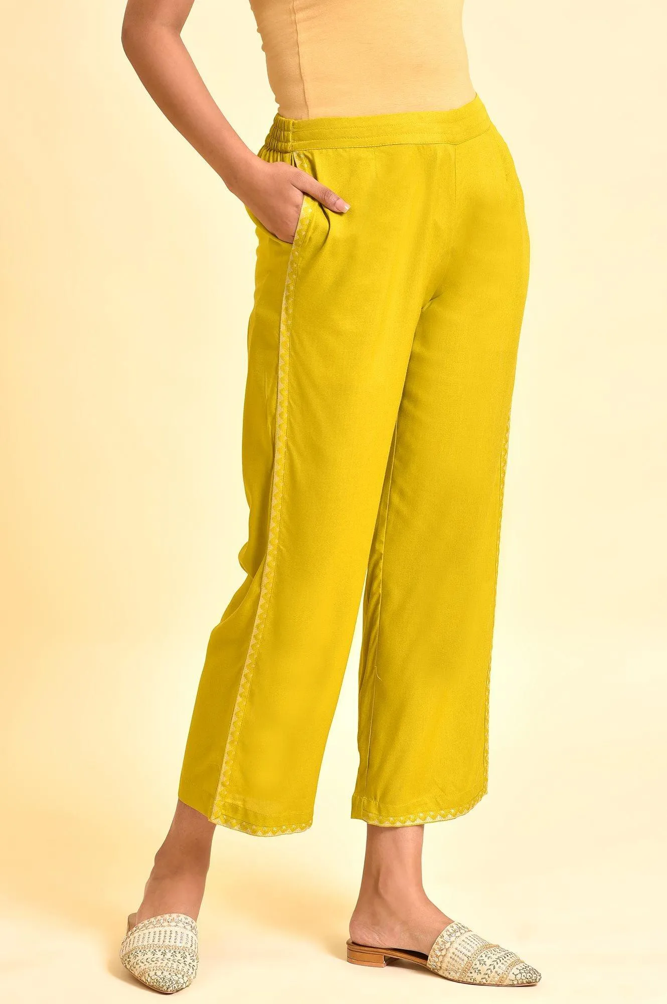 Green Lace Inserted Straight Pants