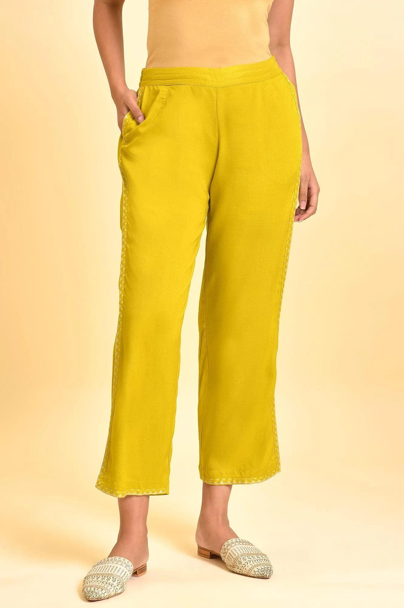 Green Lace Inserted Straight Pants