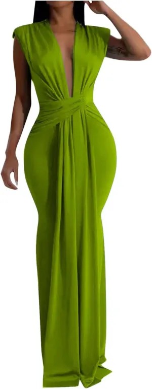 HGps8w Womens Deep V-Neck Sleeveless Party Dress with Pad Shoulder Mermaid Cocktail Maxi Dress Formal Party Evening Gowns