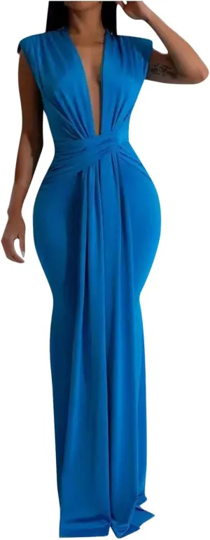 HGps8w Womens Deep V-Neck Sleeveless Party Dress with Pad Shoulder Mermaid Cocktail Maxi Dress Formal Party Evening Gowns