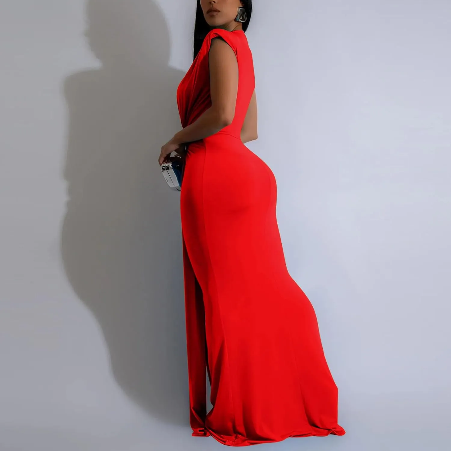 HGps8w Womens Deep V-Neck Sleeveless Party Dress with Pad Shoulder Mermaid Cocktail Maxi Dress Formal Party Evening Gowns