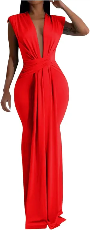 HGps8w Womens Deep V-Neck Sleeveless Party Dress with Pad Shoulder Mermaid Cocktail Maxi Dress Formal Party Evening Gowns