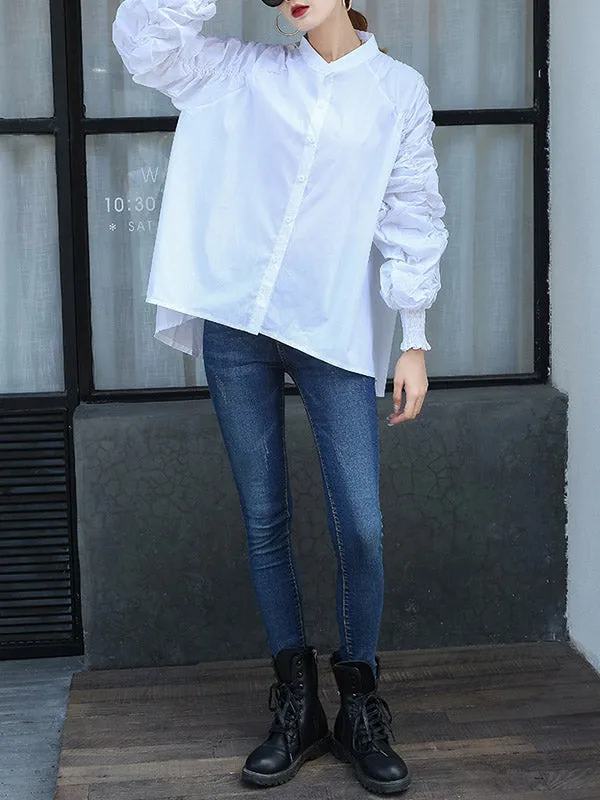 High-Low Puff Sleeves Elasticity Pleated Solid Color Split-Joint Round-Neck Blouses