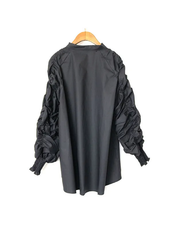 High-Low Puff Sleeves Elasticity Pleated Solid Color Split-Joint Round-Neck Blouses