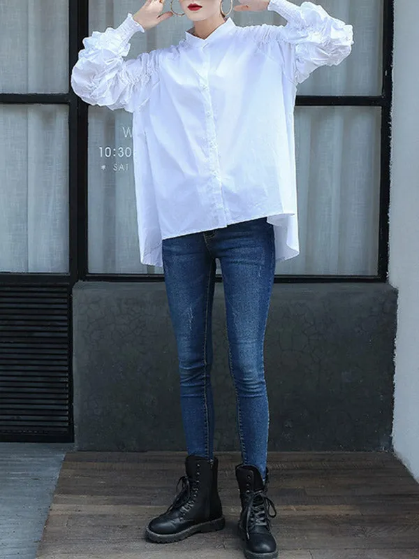 High-Low Puff Sleeves Elasticity Pleated Solid Color Split-Joint Round-Neck Blouses