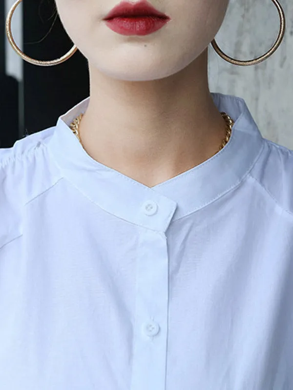 High-Low Puff Sleeves Elasticity Pleated Solid Color Split-Joint Round-Neck Blouses