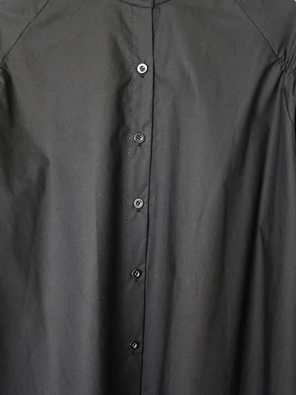 High-Low Puff Sleeves Elasticity Pleated Solid Color Split-Joint Round-Neck Blouses