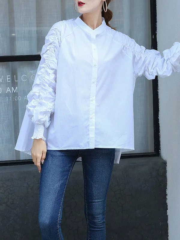 High-Low Puff Sleeves Elasticity Pleated Solid Color Split-Joint Round-Neck Blouses