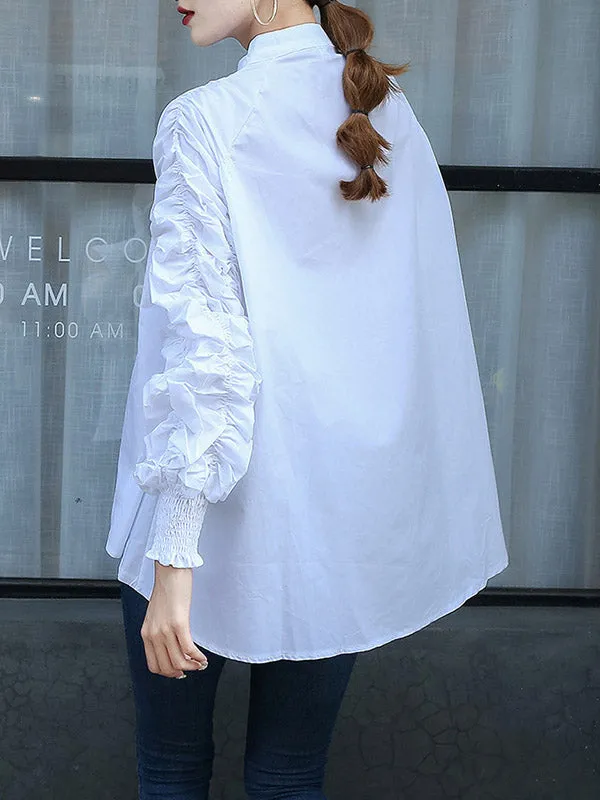 High-Low Puff Sleeves Elasticity Pleated Solid Color Split-Joint Round-Neck Blouses