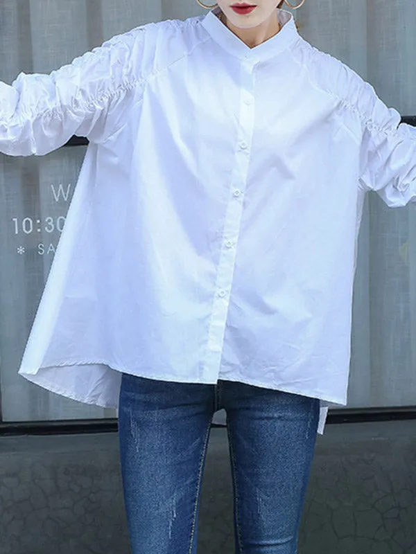 High-Low Puff Sleeves Elasticity Pleated Solid Color Split-Joint Round-Neck Blouses