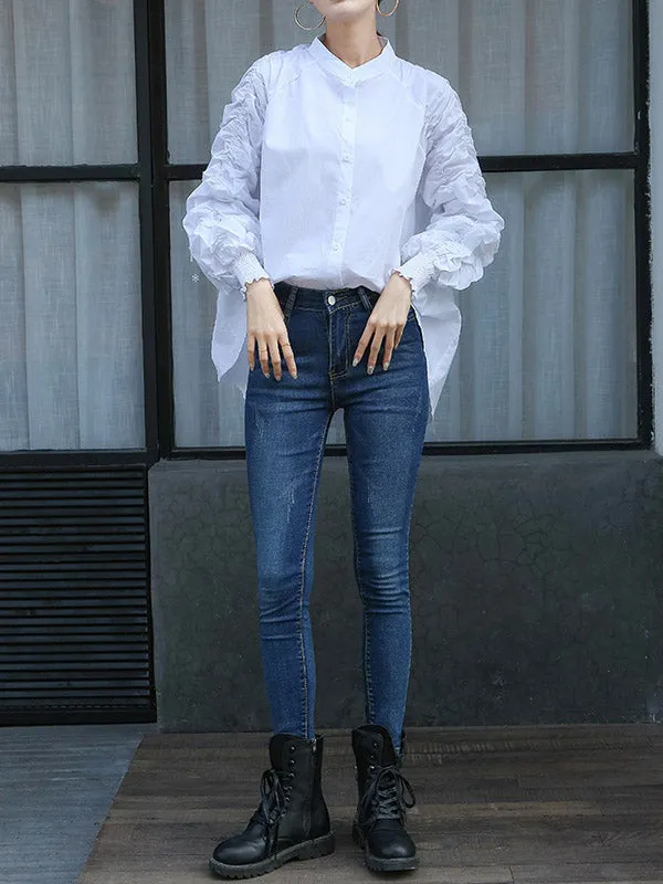 High-Low Puff Sleeves Elasticity Pleated Solid Color Split-Joint Round-Neck Blouses