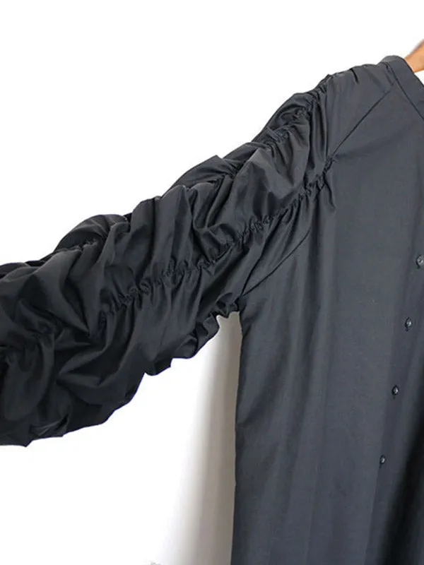 High-Low Puff Sleeves Elasticity Pleated Solid Color Split-Joint Round-Neck Blouses