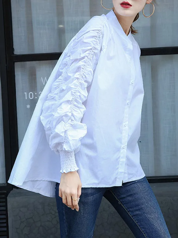 High-Low Puff Sleeves Elasticity Pleated Solid Color Split-Joint Round-Neck Blouses